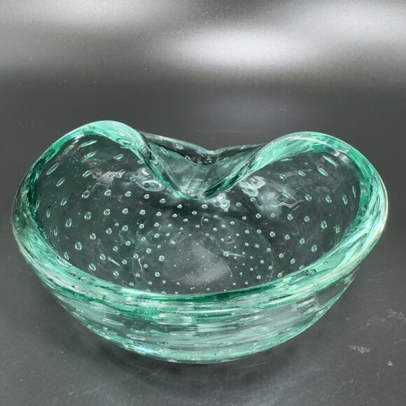 Hand Blown Murano Art Glass Green Dish Bowl Folded Edge Venetian Italian Glass - Picture 1 of 15